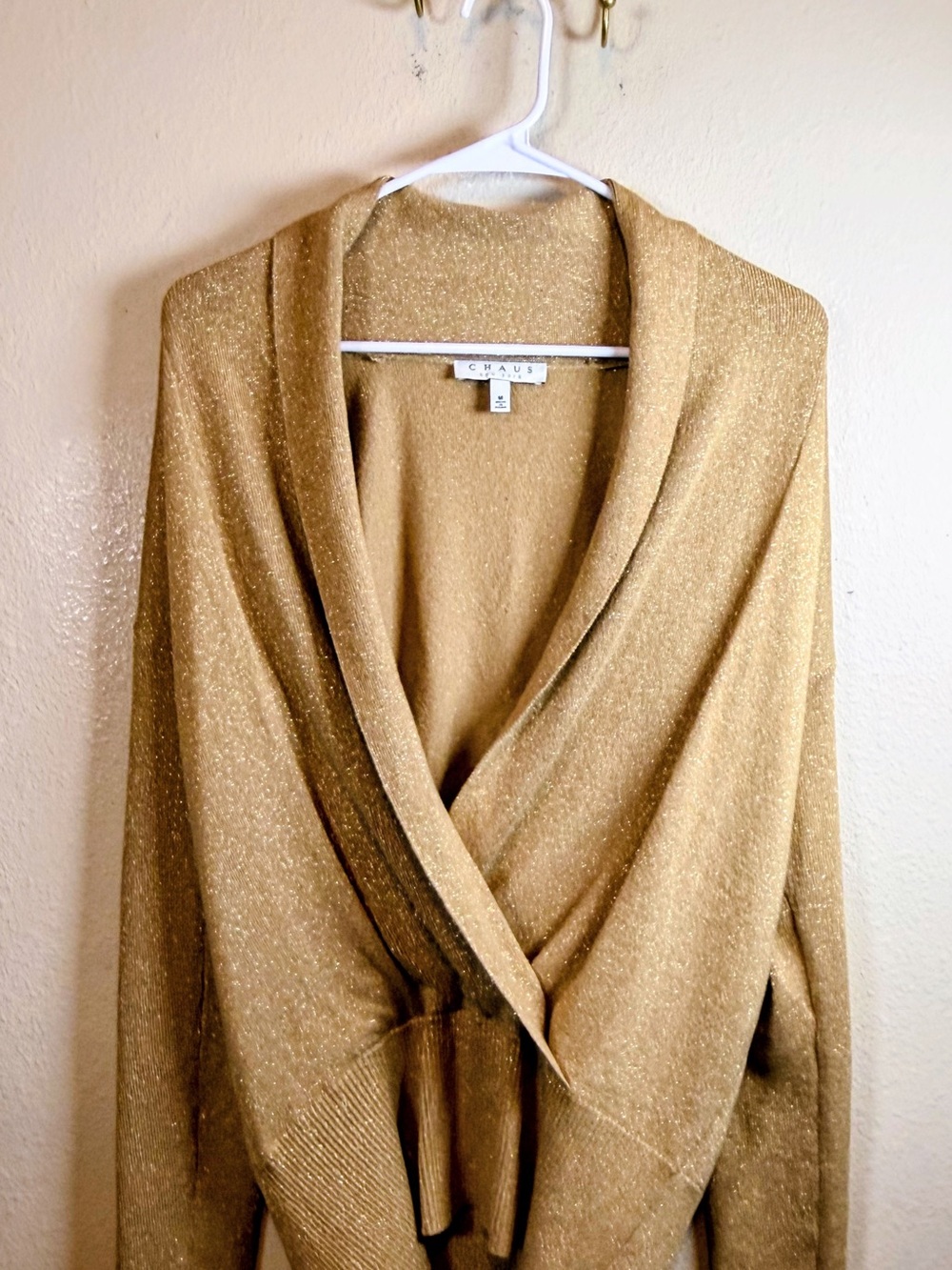 Chaus Women’s Shimmer Wrap Cardigan Sweater in Gold with long sleeves. Size M
